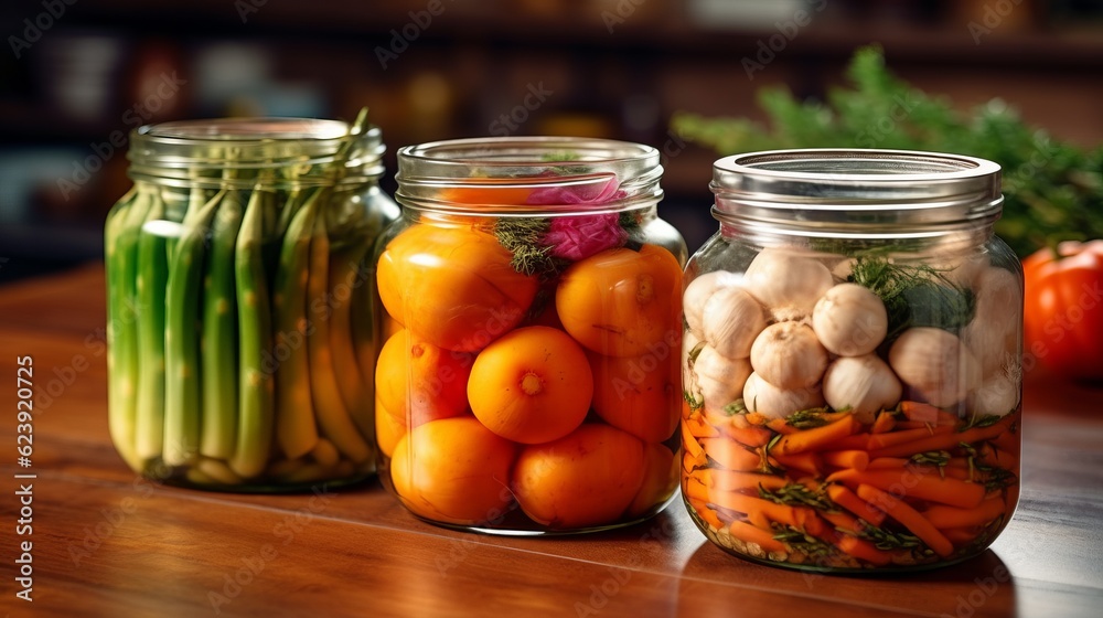 preservation of vegetables and cucumbers in glass jars, preparations for the winter, a low-calorie tasty vegetable for a healthy snack. Generative AI preservation of vegetables and cucumbers in glass jars, preparations for the winter, a low-calorie tasty vegetable for a healthy snack. Generative AI