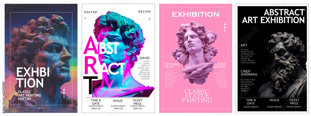 set of 4 abstract art poster for the exhibition of classical and contemporary painting, sculpture and music. bust, statues set of 4 abstract art poster for the exhibition of classical and contemporary painting, sculpture and music. bust, statues