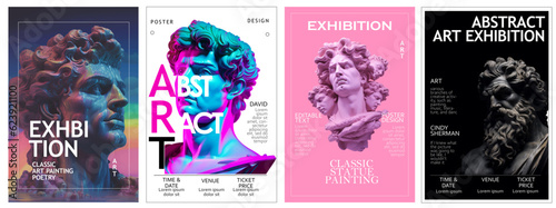 set of 4 abstract art poster for the exhibition of classical and contemporary painting  sculpture and music. bust  statues 