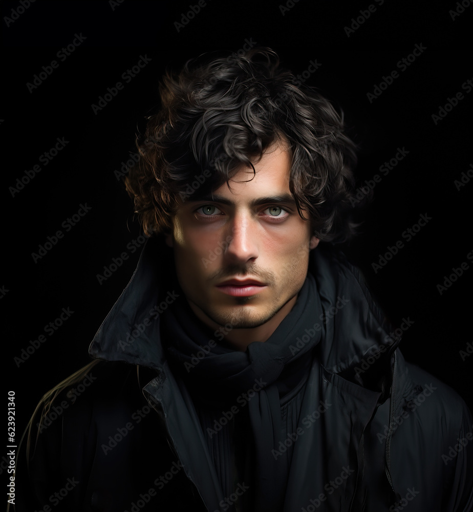 Portrait of a mystical enigmatic handsome young black-haired illusionist man wearing black clothes over a black background Portrait of a mystical enigmatic handsome young black-haired illusionist man wearing black clothes over a black background
