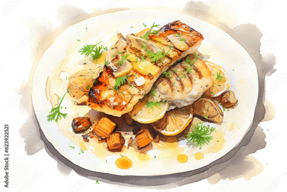Grilled Pikeperch with Potato Cream, Generative AI Grilled Pikeperch with Potato Cream, Generative AI
