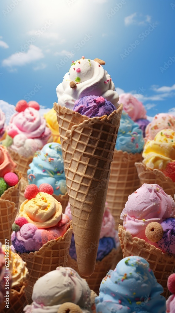 An ice cream cone with many different flavors of ice cream. Generative AI.