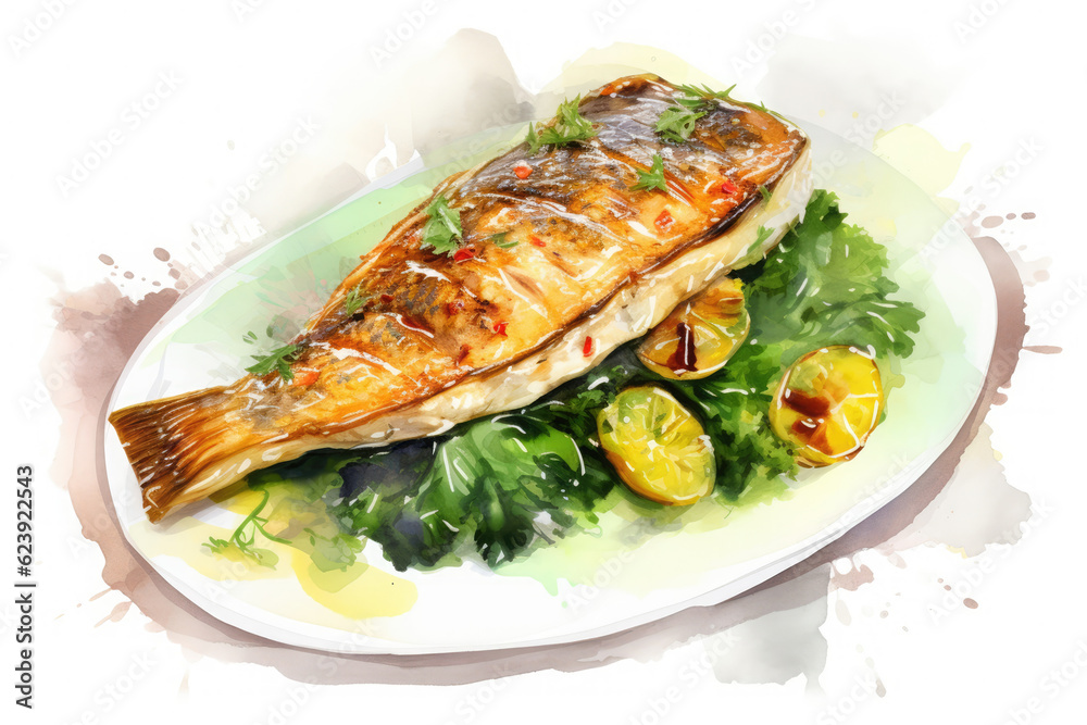 Redfish with steamed spinach, Generative AI Redfish with steamed spinach, Generative AI