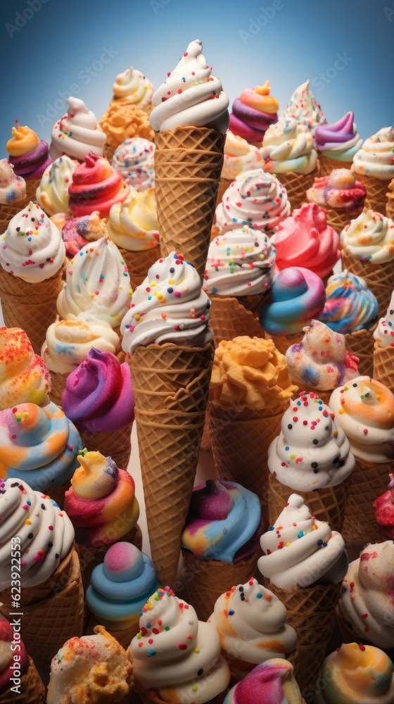 A large group of ice cream cones with sprinkles. Generative AI.