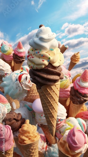 A large group of ice cream cones with different toppings. Generative AI.