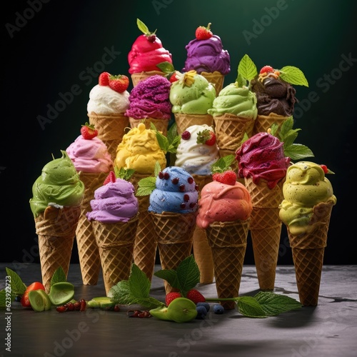 A group of ice cream cones with different flavors. Generative AI.