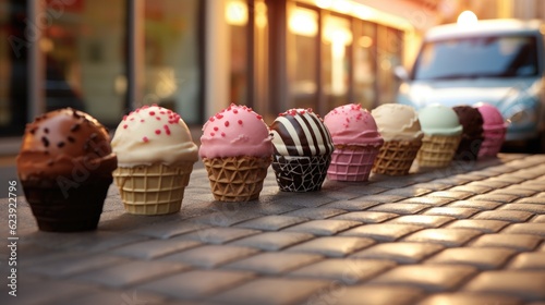 A row of ice cream cones lined up on a sidewalk. Generative AI. © Natalia