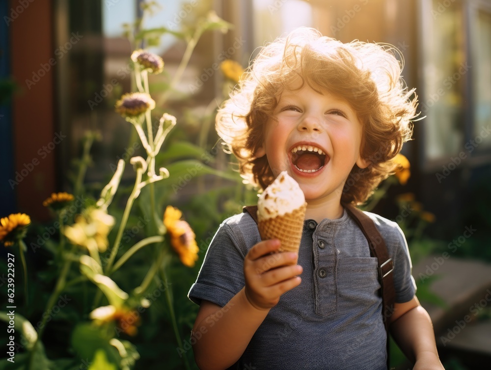 A young boy eating an ice cream cone. Generative AI. A young boy eating an ice cream cone. Generative AI.
