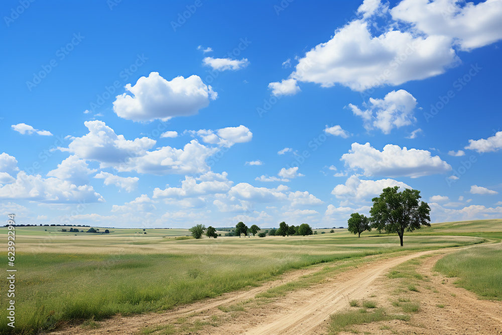 Summer day with some clouds in the sky, horizon low and empty photograph. AI generative