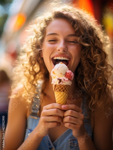 A woman is eating an ice cream cone. Generative AI.
