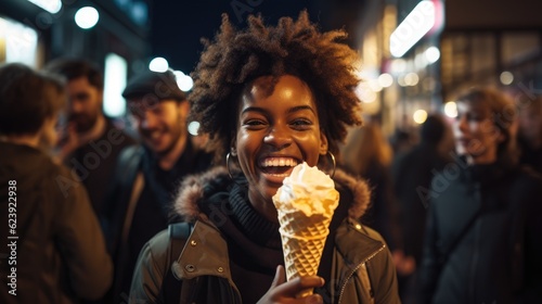 A woman holding an ice cream cone in her hand. Generative AI.