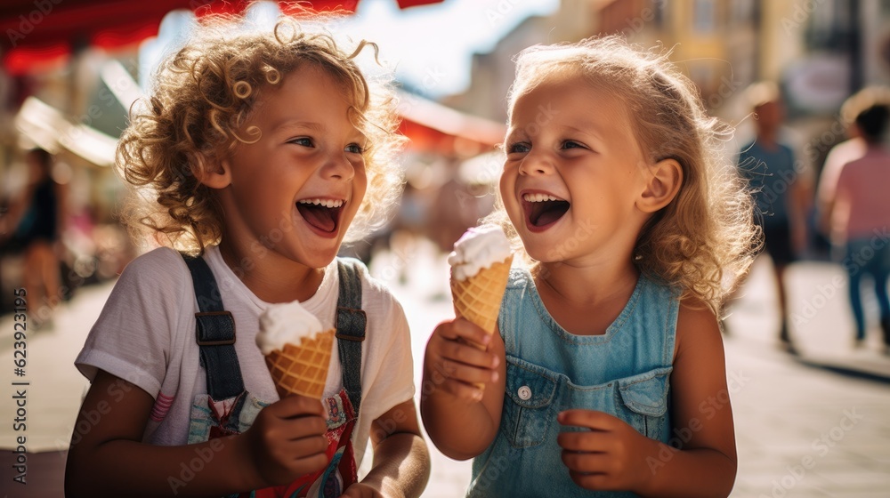 Two little girls sharing an ice cream cone. Generative AI.