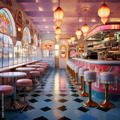 A diner with a checkered floor and pink stools. Generative AI.