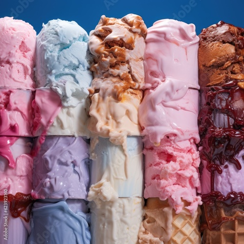 A group of ice cream cones with different flavors. Generative AI.