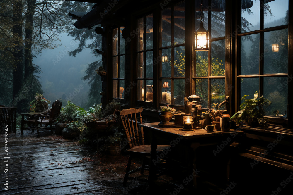 Fototapeta premium The scenery outside the window of the log cabin shows heavy snowfall. AI generative