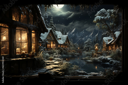The scenery outside the window of the log cabin shows heavy snowfall. AI generative