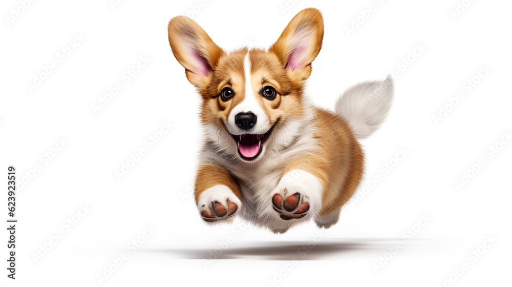 Cute Corgi puppy dog running isolated on white background. Puppy dog studio portrait photo. Digital illustration generative AI. Cute Corgi puppy dog running isolated on white background. Puppy dog studio portrait photo. Digital illustration generative AI.