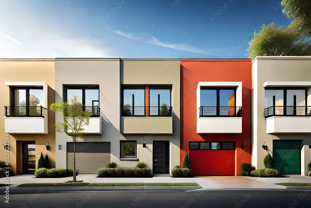 Colorful stucco traditional private townhouses. Residential architecture exterior 