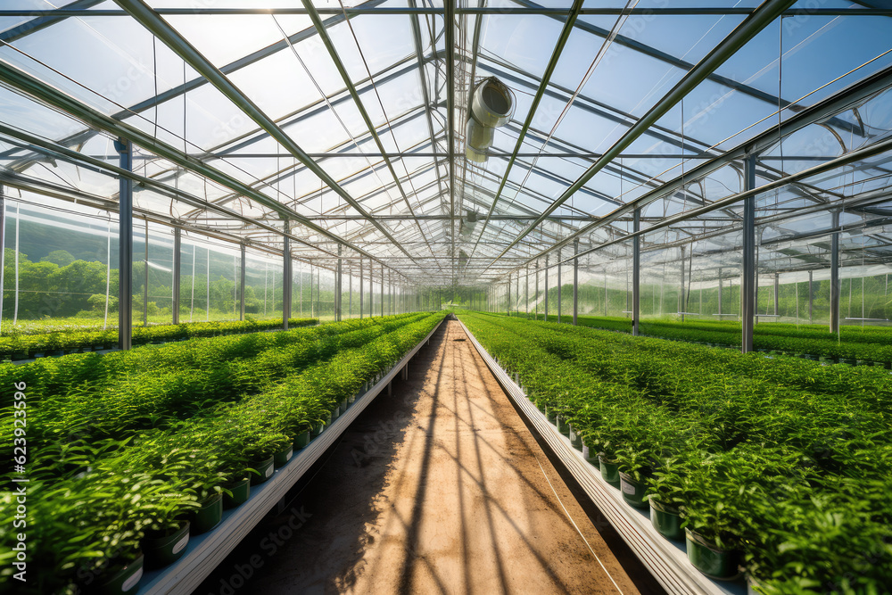 Greenhouse with a variety of greens and vegetables that grow lush in a protected environment. Generative AI. Greenhouse with a variety of greens and vegetables that grow lush in a protected environment. Generative AI.