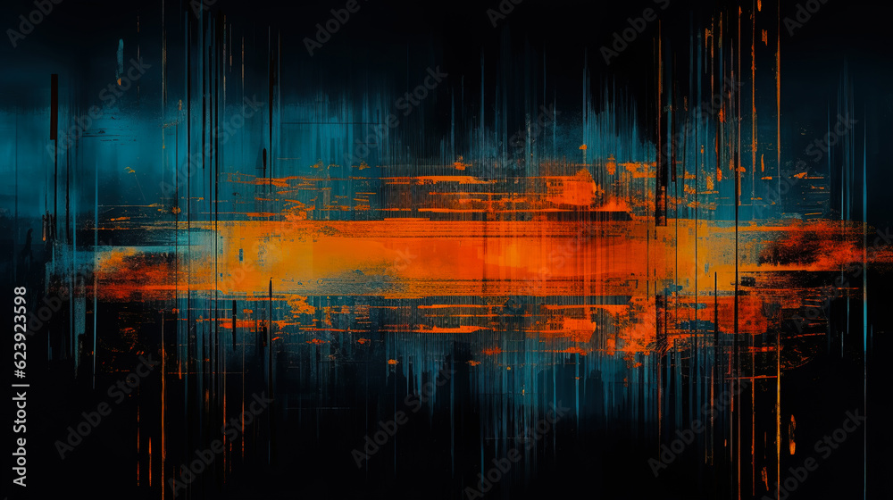 Obraz premium Abstract glitch overlay distressed background. Digital noise with orange and blue color artifacts dust scratches dirt stains texture on dark background. Digital illustration generative AI.