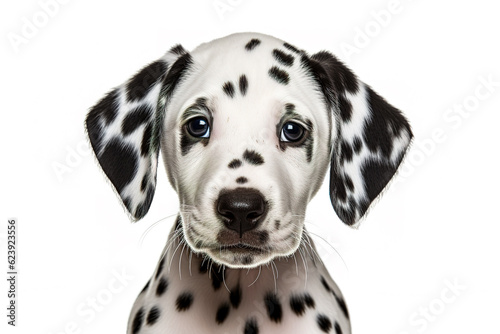 Cute curious Dalmatian puppy dog isolated on white background. Headshot studio photo. Digital illustration generative AI.