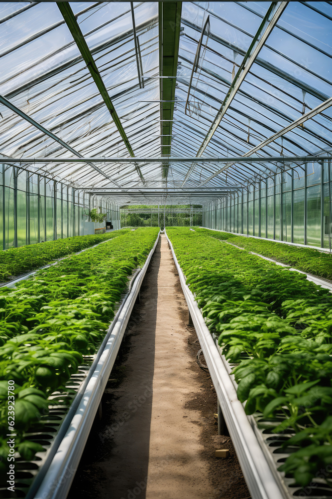 Greenhouse with a variety of greens and vegetables that grow lush in a protected environment. Generative AI. Greenhouse with a variety of greens and vegetables that grow lush in a protected environment. Generative AI.