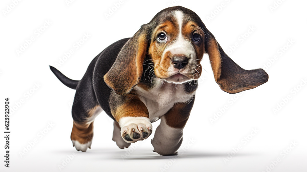 Cute Basset Hound puppy dog running on isolated on white background. Long ears puppy dog studio portrait photo. Digital illustration generative AI.