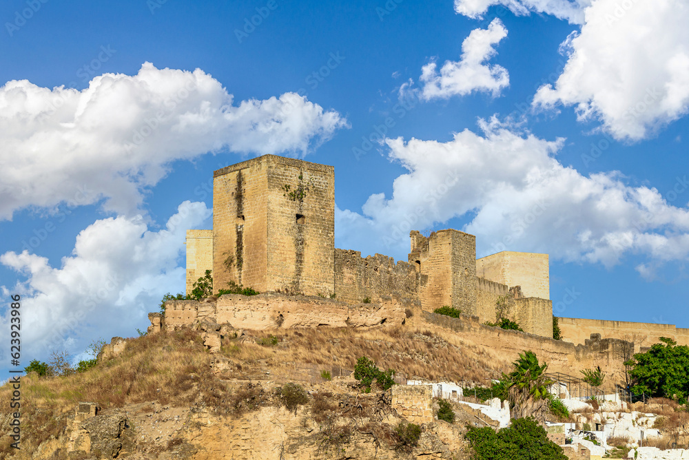Views from the Parque de la Retama of the castle of Alcalá de Guadaira in Seville, in blue sky and white clouds	