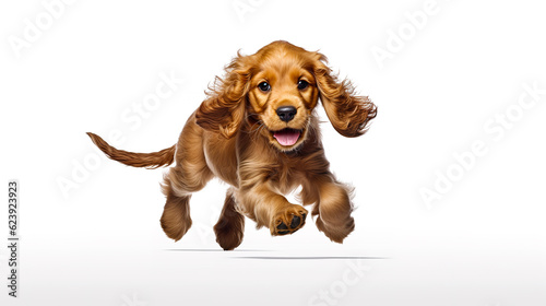 Cute Cocker Spaniel puppy dog running isolated on white background. Puppy dog studio portrait photo. Digital illustration generative AI.