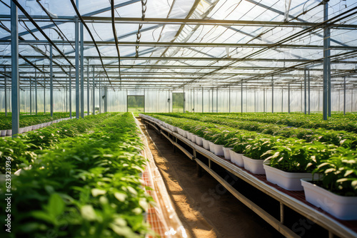 Greenhouse with a variety of greens and vegetables that grow lush in a protected environment. Generative AI.