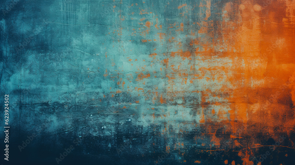 Grunge abstract background of orange glitch noise on blue scratched texture with dust. Digital illustration generative AI.