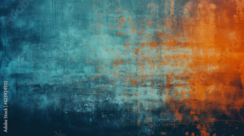 Grunge abstract background of orange glitch noise on blue scratched texture with dust. Digital illustration generative AI.