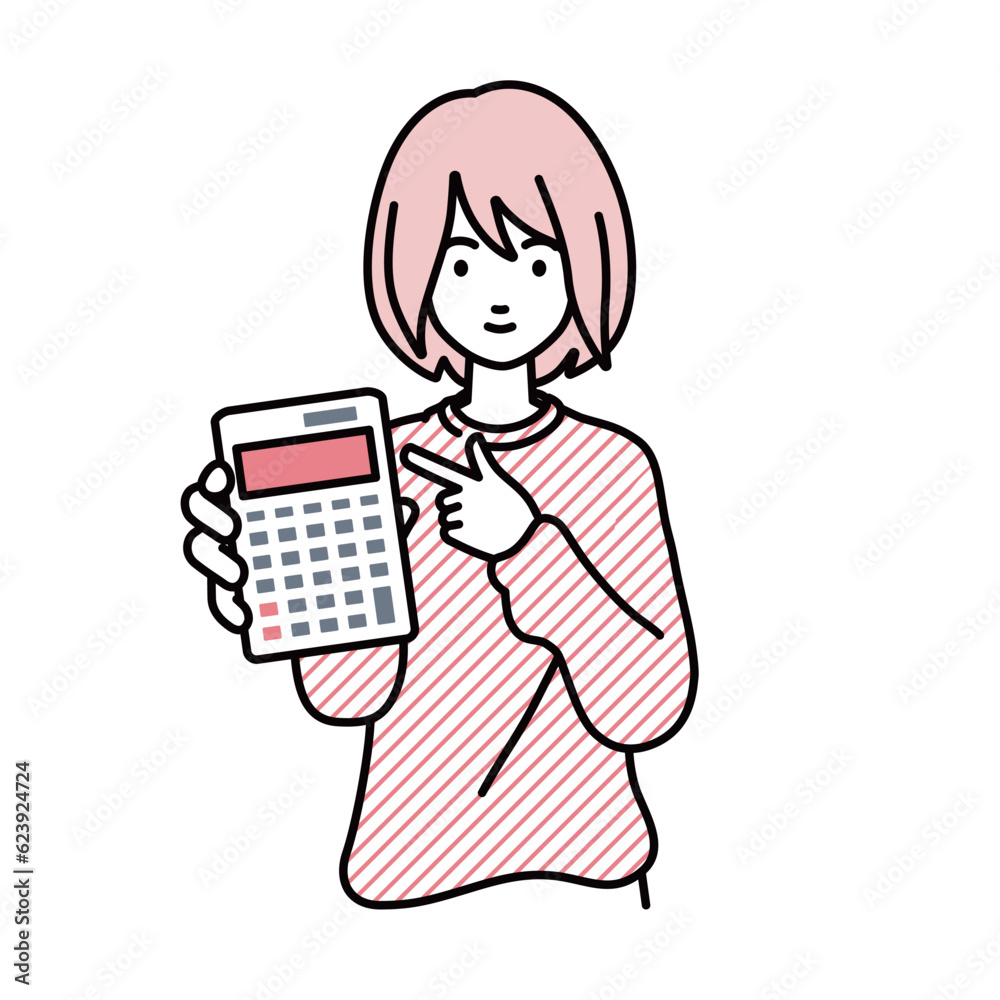 a woman in casual style recommending, proposing, showing and pointing a calculator with a smile a woman in casual style recommending, proposing, showing and pointing a calculator with a smile