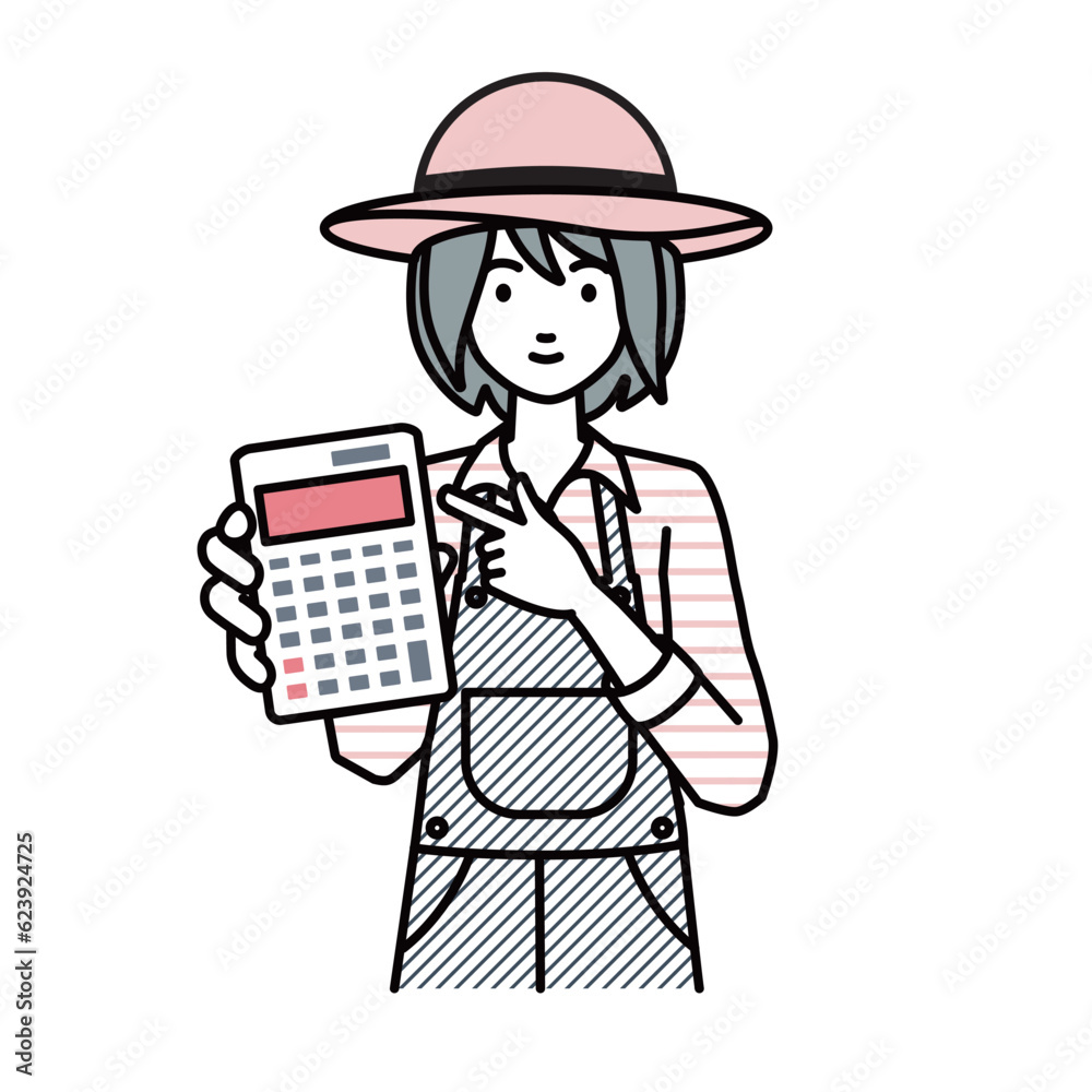 a farmer woman recommending, proposing, showing estimates and pointing a calculator with a smile a farmer woman recommending, proposing, showing estimates and pointing a calculator with a smile