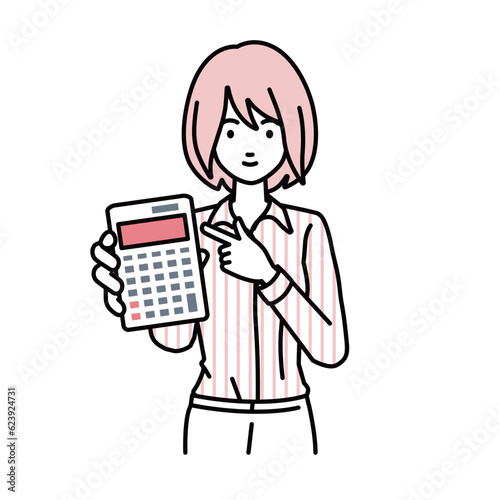 a woman in shirt work style recommending, proposing, showing estimates and pointing a calculator with a smile