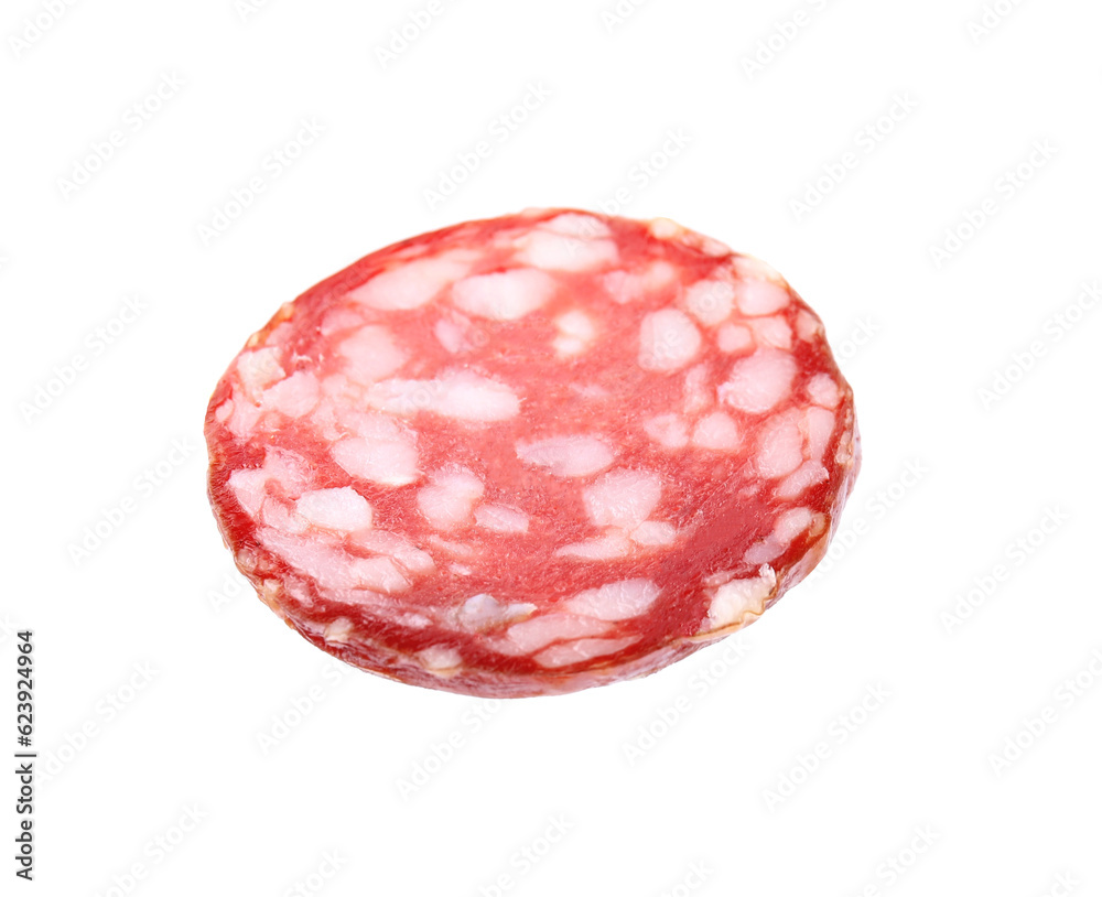 Slice of delicious smoked sausage isolated on white Slice of delicious smoked sausage isolated on white