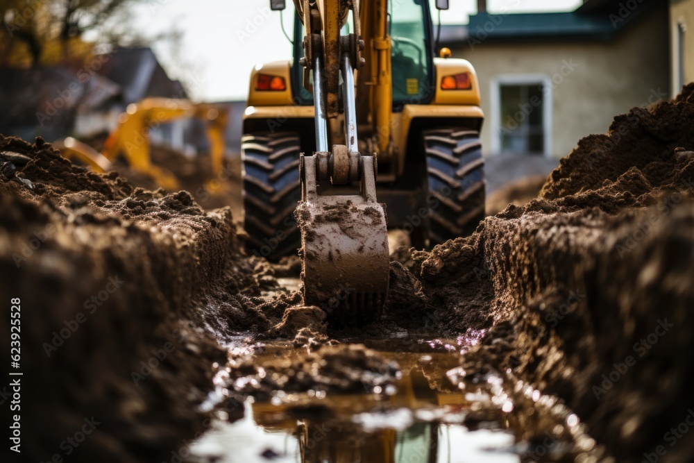 Backhoes digging the soil and laying the foundation at the construction