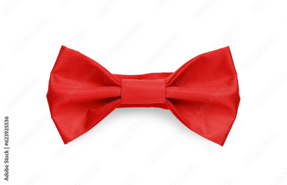 Stylish red bow tie on white background, top view