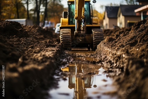 Backhoes digging the soil and laying the foundation at the construction site.