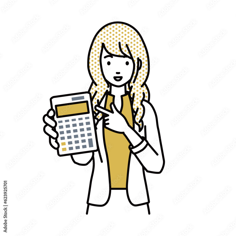 a woman in work jacket style recommending, proposing, showing estimates and pointing a calculator with a smile a woman in work jacket style recommending, proposing, showing estimates and pointing a calculator with a smile
