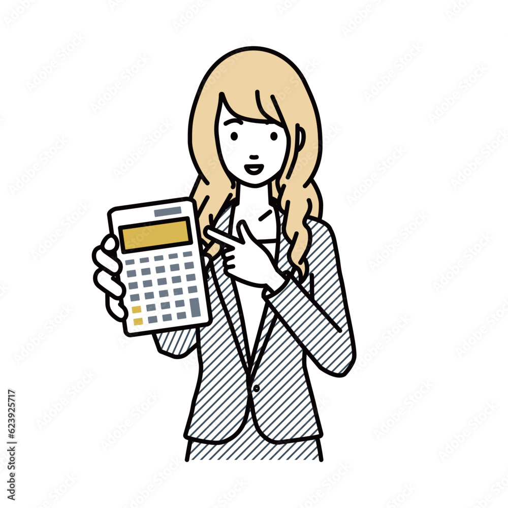 a woman in business suit style recommending, proposing, showing estimates and pointing a calculator with a smile a woman in business suit style recommending, proposing, showing estimates and pointing a calculator with a smile