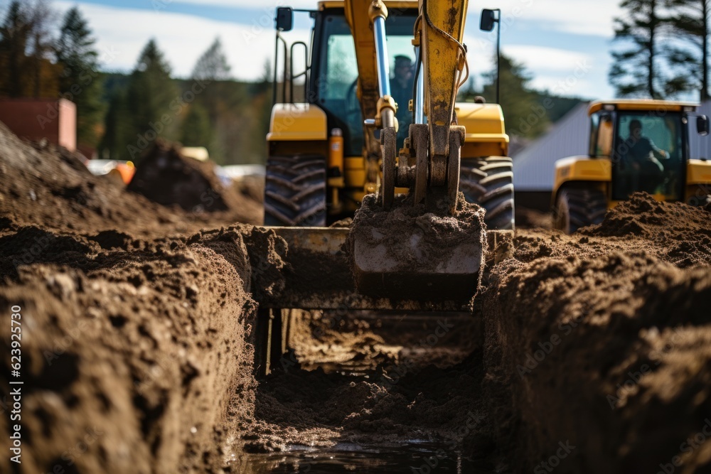 Backhoes digging the soil and laying the foundation at the construction