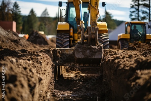 Backhoes digging the soil and laying the foundation at the construction site Fototapet