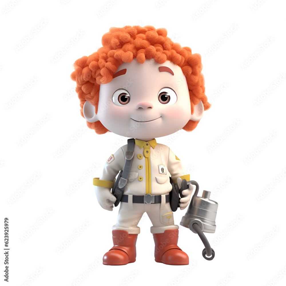3D Render of a Little Red Haired Firefighter on White Background