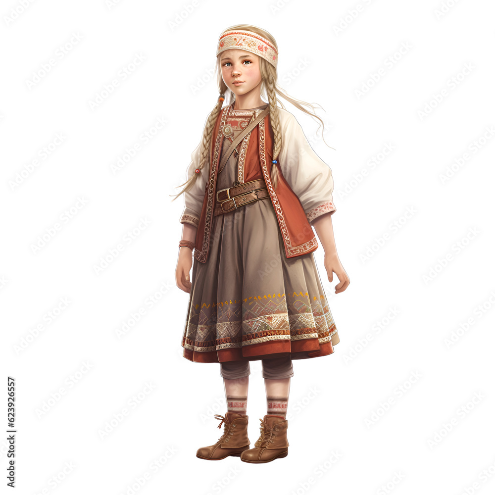 3d rendering of a little girl in a russian folk costume isolated on white background
