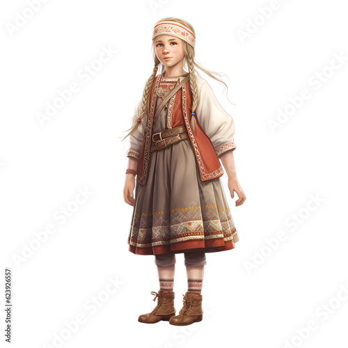 3d rendering of a little girl in a russian folk costume isolated on white background