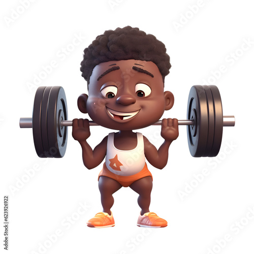 3D Render of an African American little boy lifting a barbell