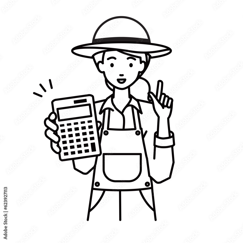 a farmer woman recommending, proposing, showing estimates and pointing a calculator with a smile a farmer woman recommending, proposing, showing estimates and pointing a calculator with a smile