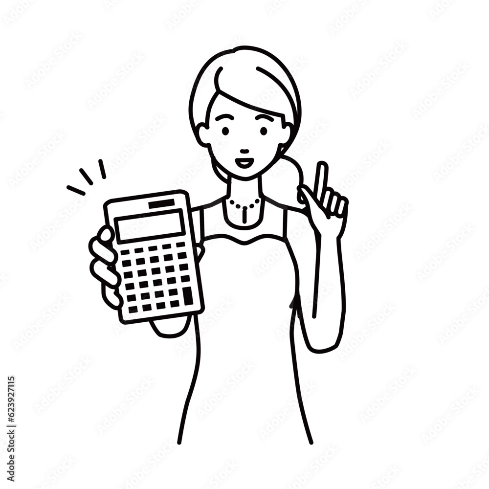 a woman in dress recommending, proposing, showing estimates and pointing a calculator with a smile