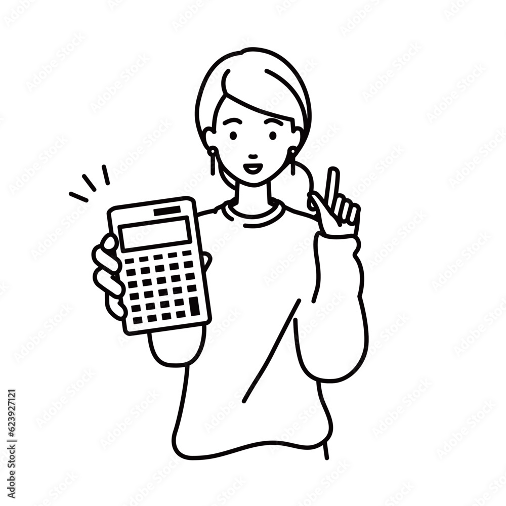 a woman in casual style recommending, proposing, showing and pointing a calculator with a smile a woman in casual style recommending, proposing, showing and pointing a calculator with a smile
